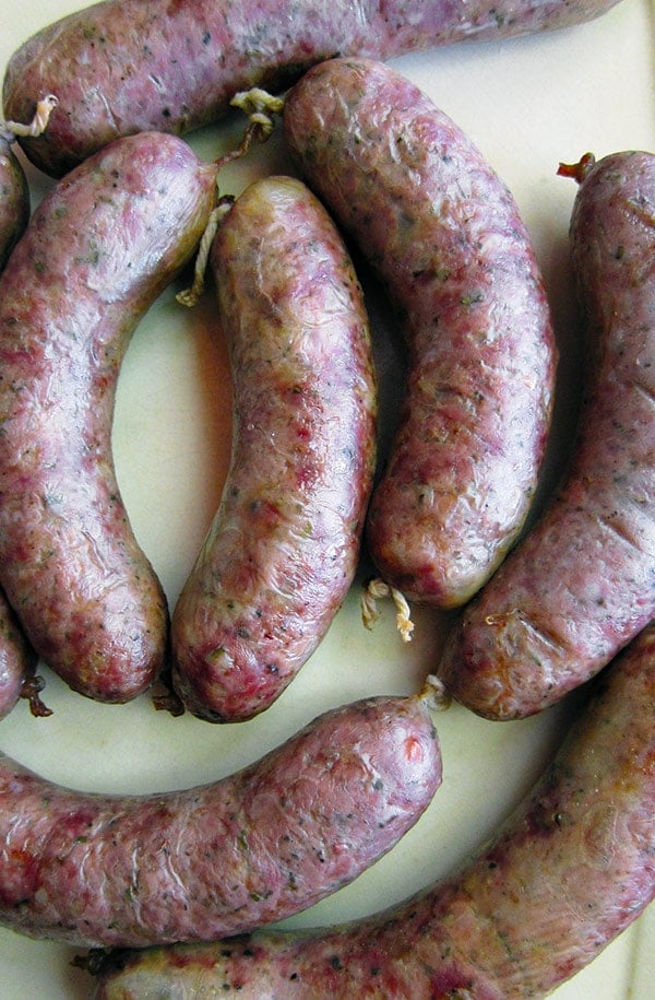 finished smoked goose sausage on tray