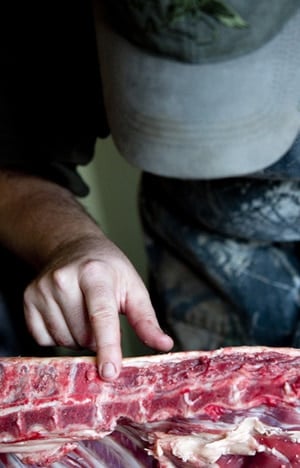 Hank Shaw pointing out a lamb\'s vertebrae