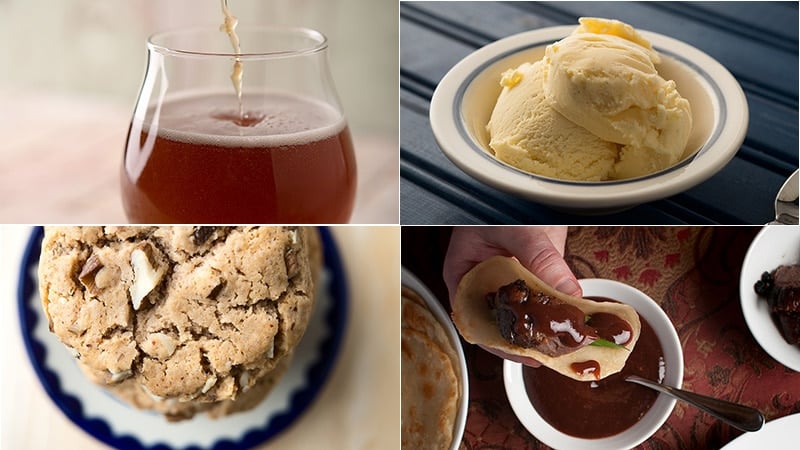 A montage of beer, ice cream, cookies and sauces made from wild edible plants