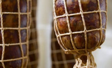 Close up of salami hanging