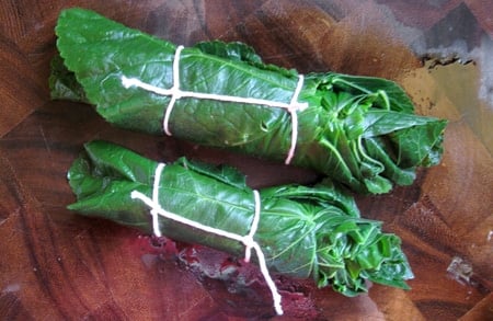 Bundles of blanched mallow leaves