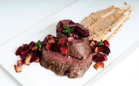sous vide venison with porcini puree and cherries