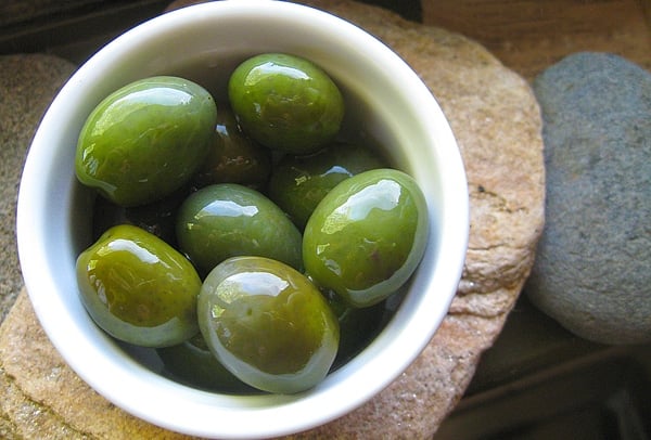 Brine cured green olives. 