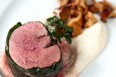 duck roulade with rue, chanterelles and celery root puree