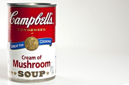 A can of cream of mushroom soup