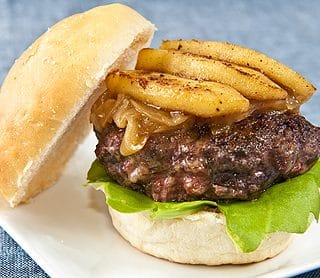 duck burger with apples and caramelized onions