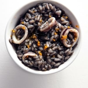 A bowl of squid ink risotto