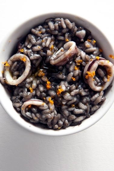 A bowl of squid ink risotto