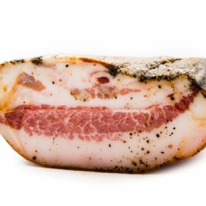 A cross section of guanciale, cured hog jowl.