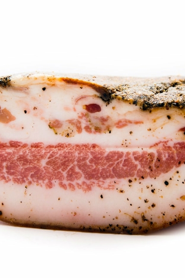 A cross section of guanciale, cured hog jowl.