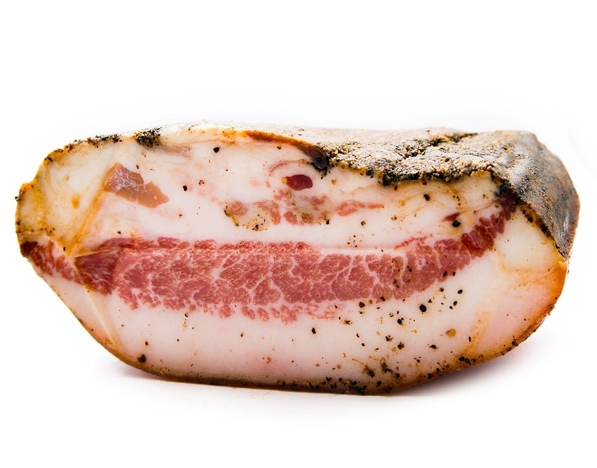 A cross section of guanciale, cured hog jowl.