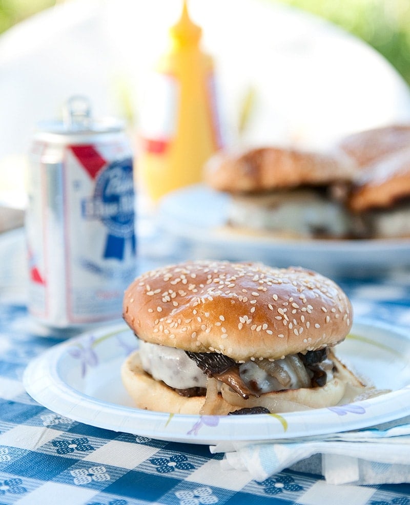 Mushroom Swiss burgers at the table