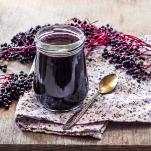 Elderberry syrup in a jar, surrounded by ripe elderberries.