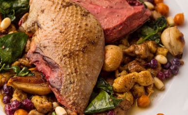 Acorn spatzle with pigeon on a plate