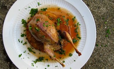 Roast woodcock Michigan, on a plate.