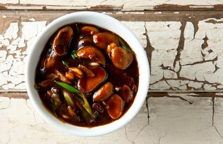 Stir fried puffball mushrooms in a bowl