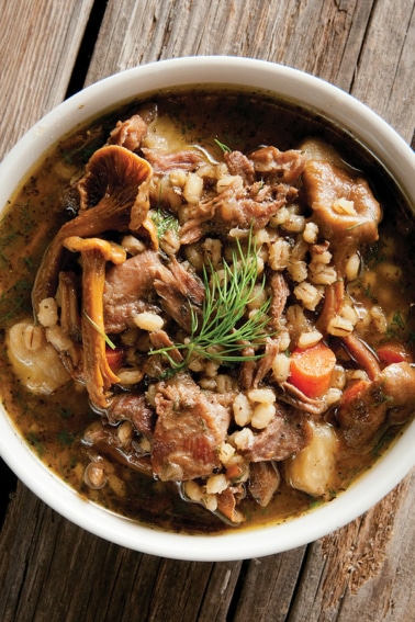 goose stew with barley in a bowl