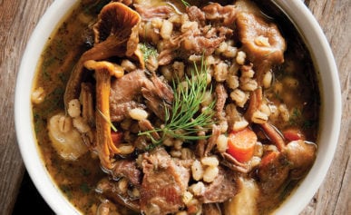 goose stew with barley in a bowl