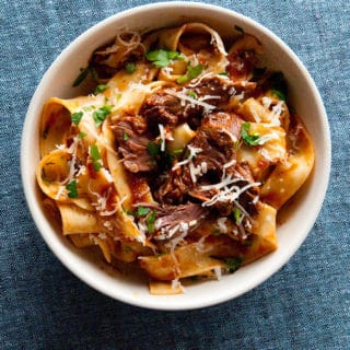 A bowl of hare ragu with pappardelle.