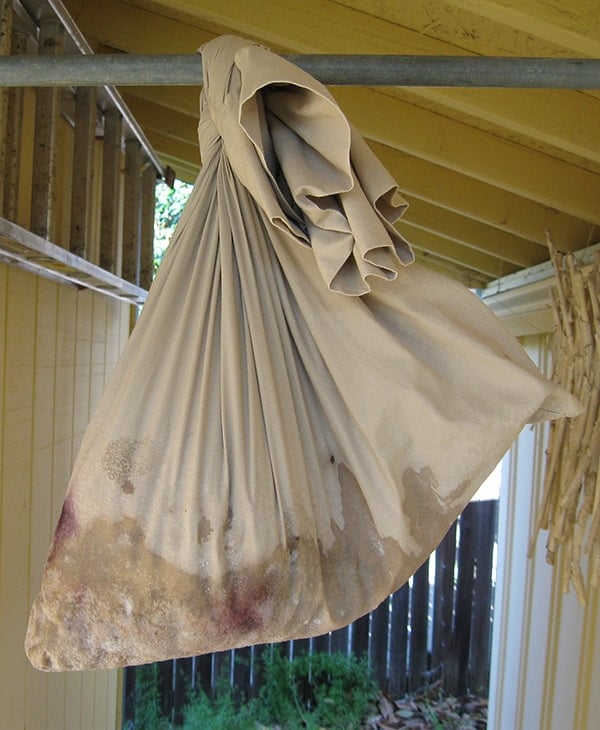 Bag of olives curing in rafters