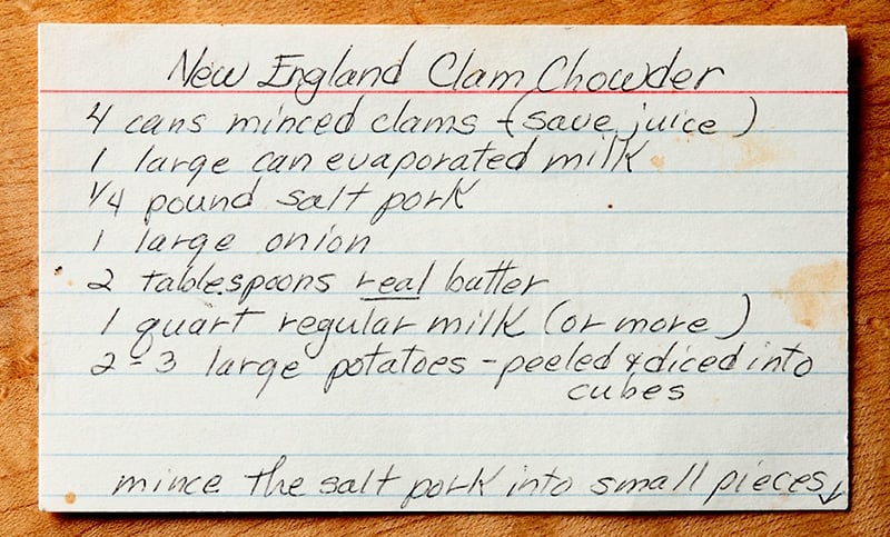 Mom's recipe card for her Maine clam chowder.
