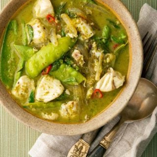 Thai fish curry with halibut in a bowl