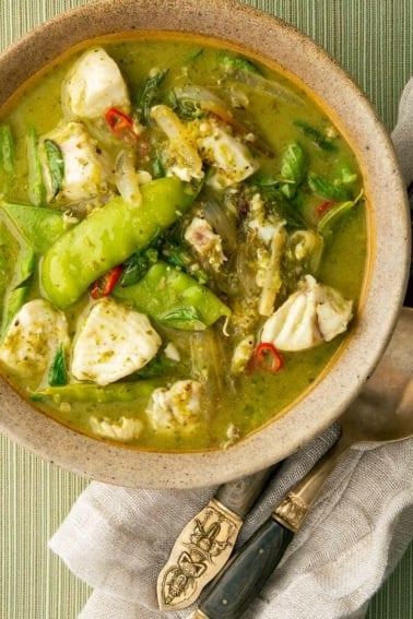 Thai fish curry with halibut in a bowl
