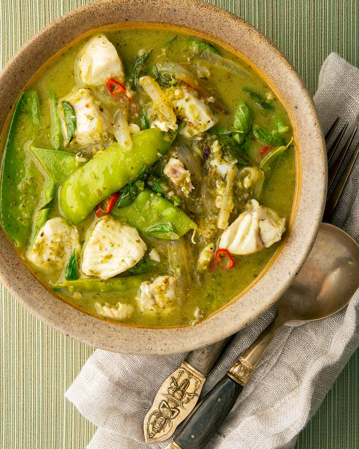 Thai fish curry with halibut in a bowl 