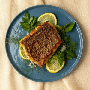 Seared fish on a plate with herbs and lemon.