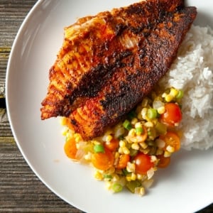 Blackened catfish with relish and rice