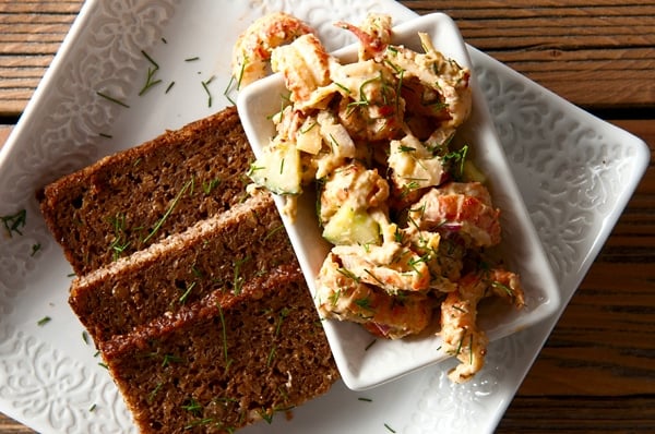crawfish salad with pumpernickel bread