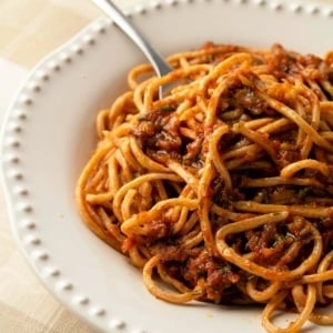 Closeup of meatless spaghetti sauce in a bowl