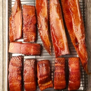 finished smoked salmon recipe, with fish on cooling rack