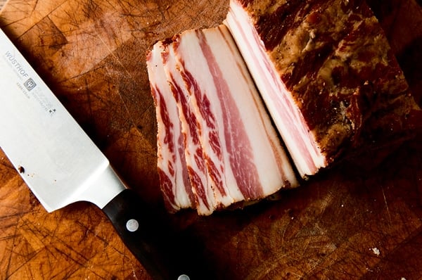 german bacon recipe, sliced on a board