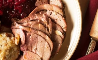 Roast venison with Bavarian dumplings and cranberry sauce on a plate.