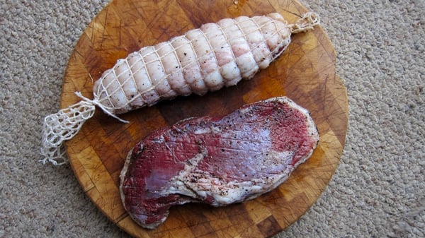 A trussed goose breast ready for smoking