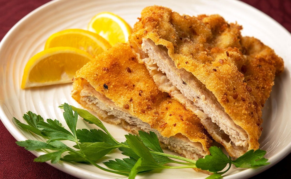 Close up of wiener schnitzel showing the puffy crust.