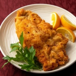 Close up of wiener schnitzel on a plate.