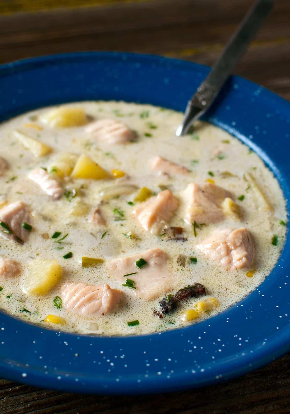 Closeup of a bowl of salmon chowder