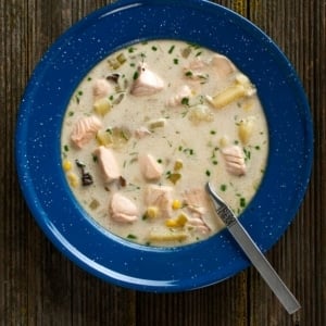 A bowl of salmon chowder