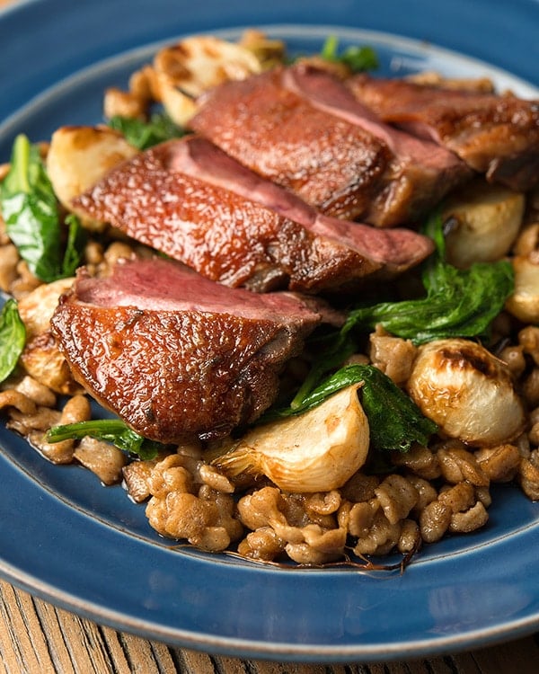 duck with turnips and spatzle on the plate