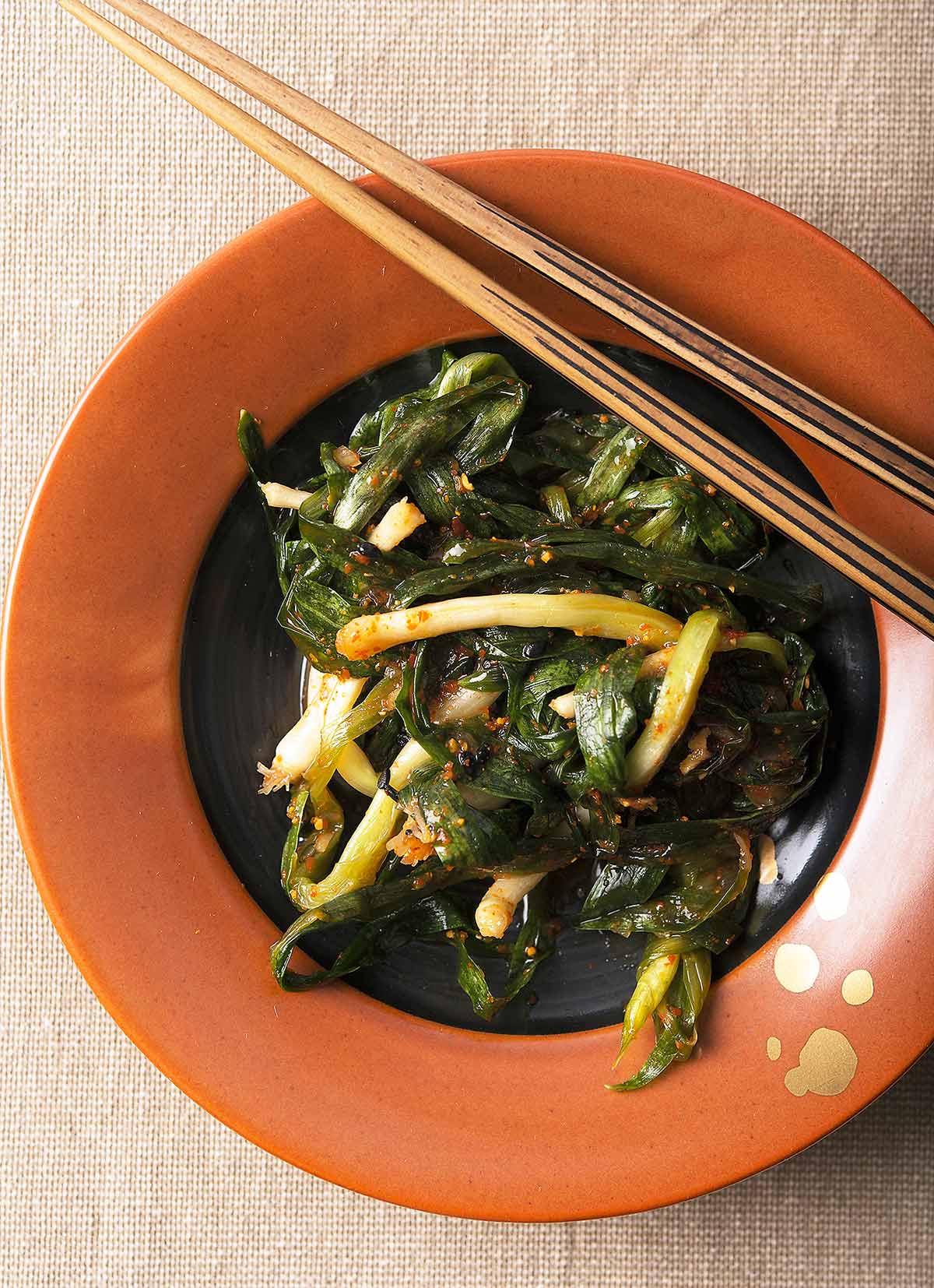 Green onion kimchi on a plate