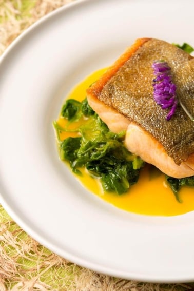 Saffron sauce with fish and greens on a plate.