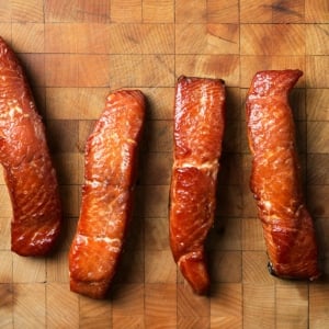 close up of strips of candied salmon