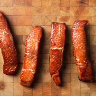 close up of strips of candied salmon