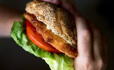 Two hands holding a fried fish sandwich