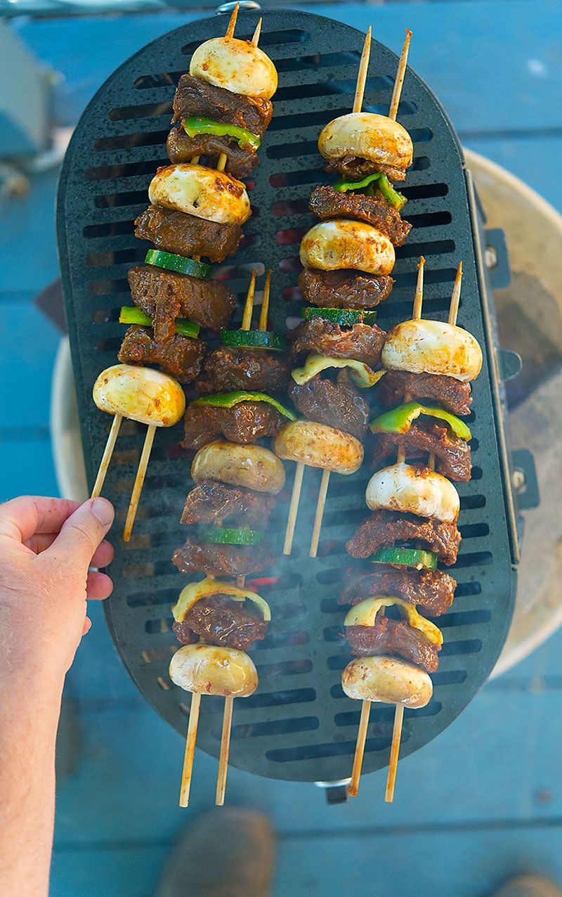 Marinated venison kebabs on the grill