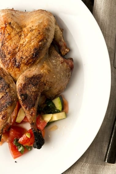 Grilled partridges with tomato salad on a plate.