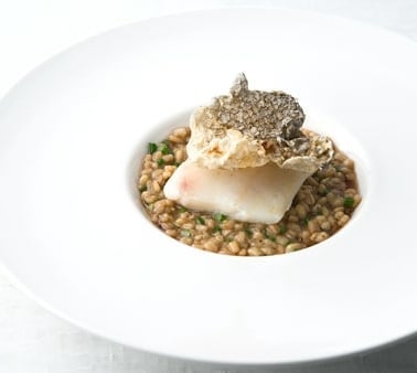 poached walleye with barley risotto