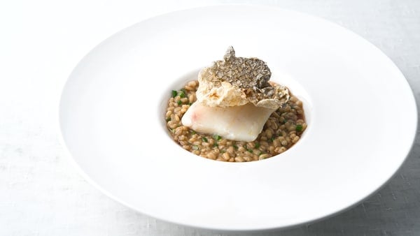 poached walleye with barley risotto on a fancy plate